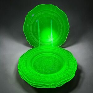 Federal Glass‎ Patrician Spoke Green Uranium Depression Glass 9in Plates Set 4